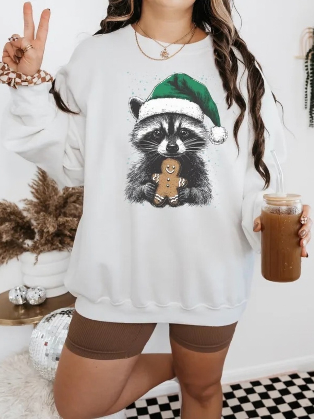 White Raccoon Holiday Graphic Sweatshirt - Vintage Christmas Style For Unisex